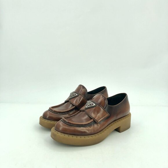 Prada Womens Brown Leather Logo Loafers Size 35 Thick Sole Made In Italy - Picture 9 of 9